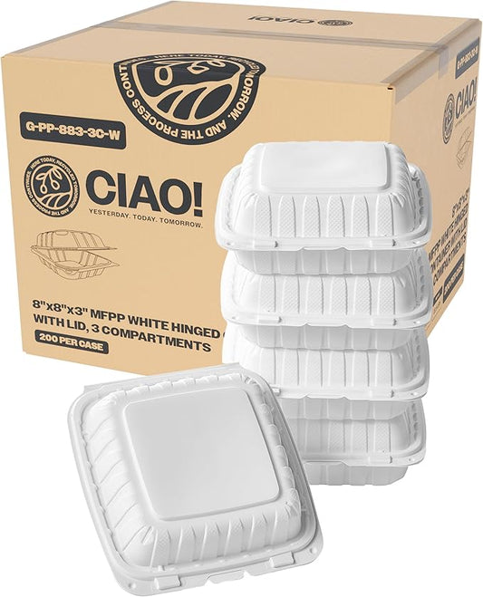 CIAO! 8"x8"x3" MFPP White Hinged Container With Lid 3 Compartment (Case of 200)