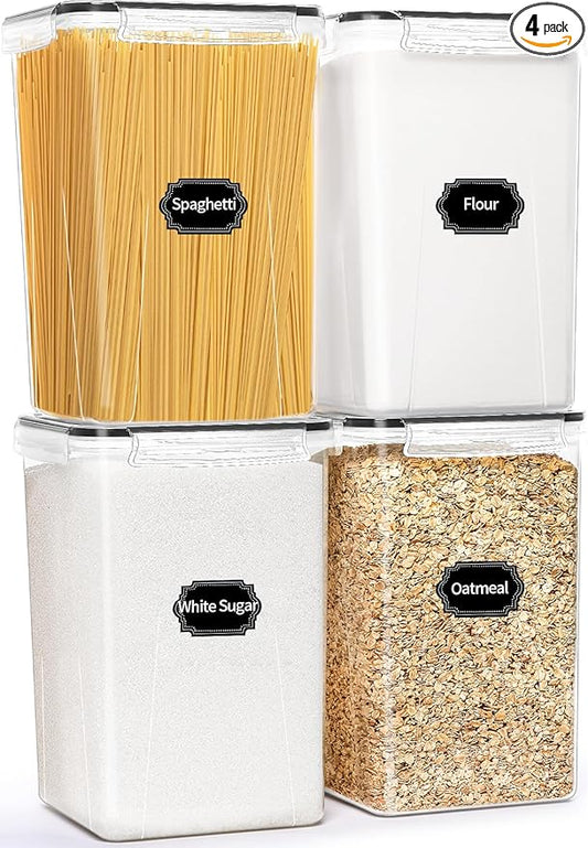 4 Pack Extra Large Airtight Food Storage Containers with Lids (6.5L / 220 oz), BPA Free Plastic Kitchen and Pantry Organization Contianers for Cereal Flour and Sugar Storage, Labels & Marker