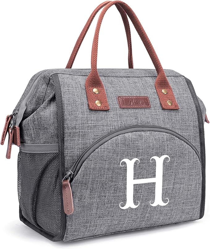 Personalized Lunch Box for Women, Initial Reusable Insulated Lunch Bag, Wide-Open Adult Lunchbox Cooler Lunchbag Snack Organizer, Initial Leakproof Lunch Tote Bag for Picnic Work Outdoors Grey - H