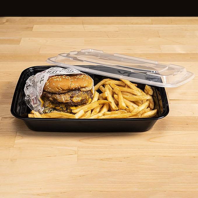 TIYA Containers - 48 oz Bulk 150 Pack with Lids - Rectangular Plastic To-Go Containers - Reusable, Microwavable, Dishwasher Safe - Leak-Proof for Meal Prep - BPA-Free