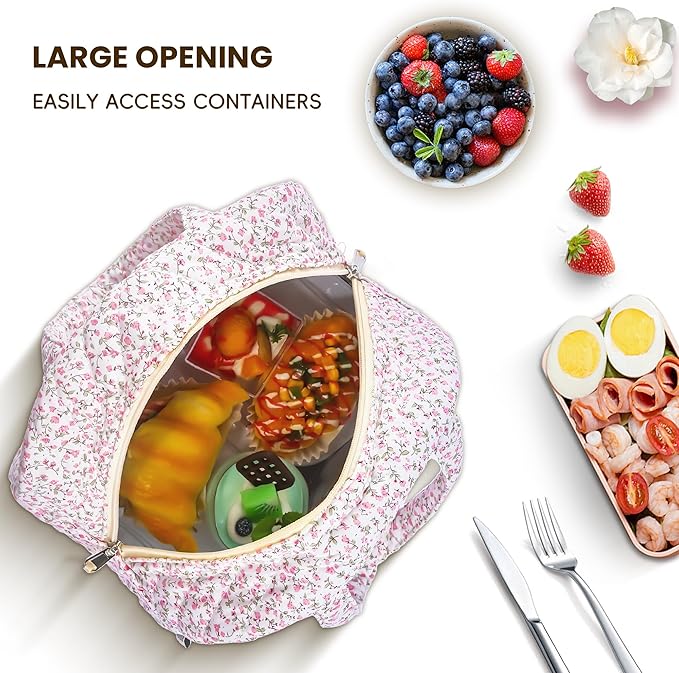 Quilted Lunch Box for Women,Insulated Cute Reusable Lunch Bag with Front Pocket,Pink Flower Stylish Lunch Tote Bag for Work, Office,Picnic, Travel,School (pink floral)