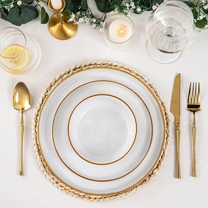 AmorArc Dinnerware Set, 12 Pieces Ceramic Plates and Bowls Set, Stoneware Plates Sets Handpainted, Dishwasher & Microwave Safe Dishes (Speckled White, Service for 4)