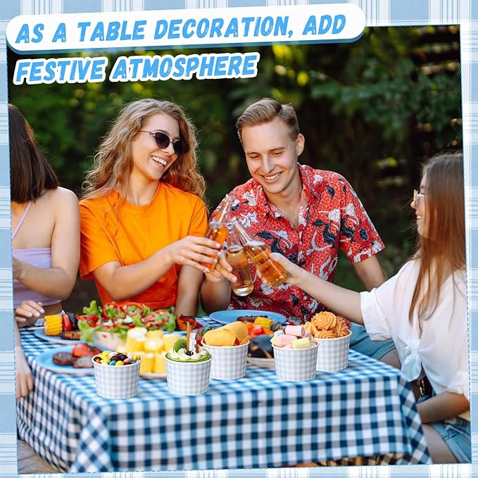 50 Pack Blue Gingham Ice Cream Cups 9 oz Blue and White Checkered Disposable Dessert Bowls Paper Soup Bowls Plaid Snack Cups for Hot or Cold Food for Baby Shower Wedding Birthday