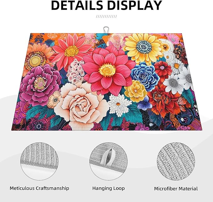 Boho Floral Dish Drying Mat For Kitchen Counter Microfiber Super Absorbent Non-Slip Dish Drying Pad For Countertops Dishes Utensils Stylish Quick-Dry Machine Washable 18x24 Inch