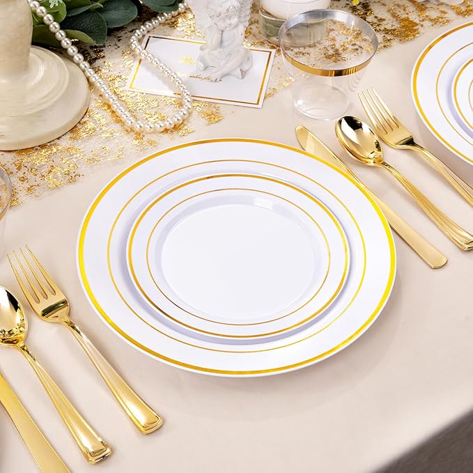 bUCLA 300PCS Gold Disposable Dinnerware Set - White and Gold Plastic Plates - Include 50 Each (Dinner&Dessert) Plates,50 Knives,50 Forks,50 Spoons,50 Cups for Party & Thanksgiving Table Decor