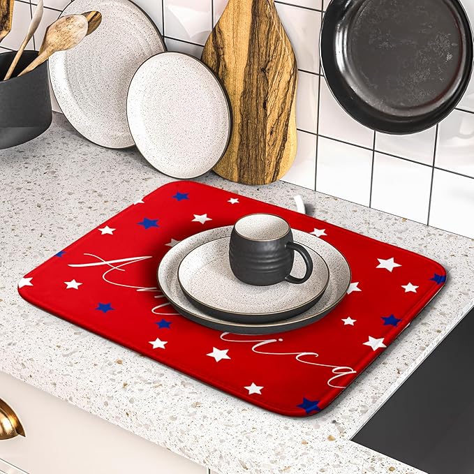 4th of July Dish Drying Mats for Kitchen Counter 16×18 Inch Patriotic Red Small Microfiber Drying Mat Kitchen Accessories Dish Rack Mat Drainer Pad Washable Absorbent