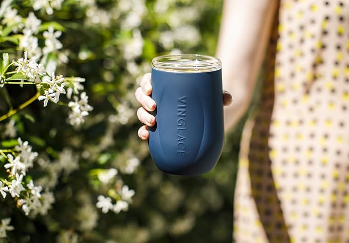 Vinglacé Stainless Steel Stemless Wine Glass- Insulated Wine Tumbler with Glass Insert and Sip Lid, 10 oz, Navy