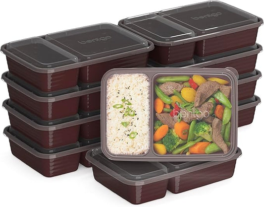 Bentgo Prep - 20-Piece 2-Compartment Reusable Meal Prep Containers with Lids, PFAS & BPA Free Materials, Durable, Microwave, Freezer, & Dishwasher Safe To Go Food Storage (Burgundy)