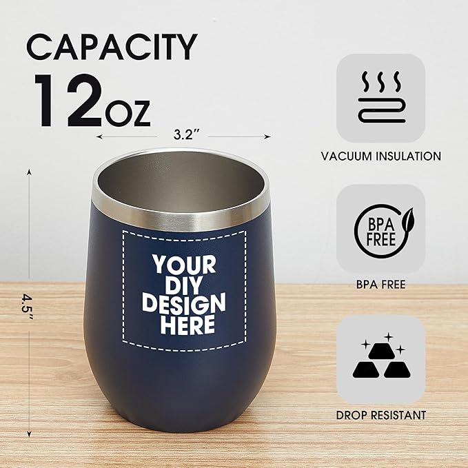 Personalized Custom Wine Tumbler Print in USA 12oz Stainless Steel Travel Coffee Cup with Lid & Straw Double Wall Insulated Mug with Colorful Text Logo Photo