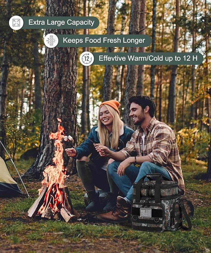 Tactical Lunch Box for Men, Expandable Large Insulated Lunch Bag for Adult, Heavy Duty Double Deck Lunch Cooler Bag with Shoulder Strap, Leakproof Soft Lunch Pail with American Flag - Green Camo