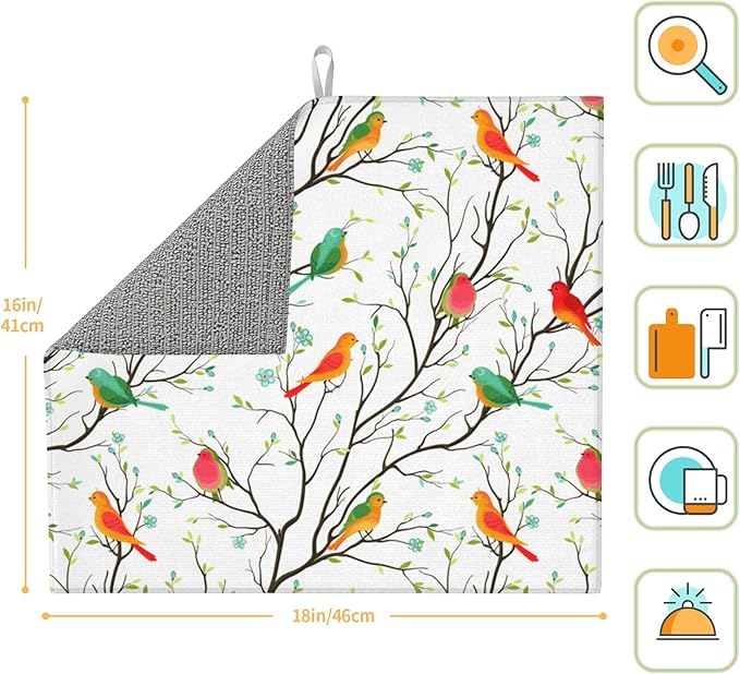 Birds on Tree Dish Drying Mat for Kitchen Counter Washable Absorbent Reversible Microfiber Cute Birds Drying Pad Kitchen Accessories 16x18 Inch