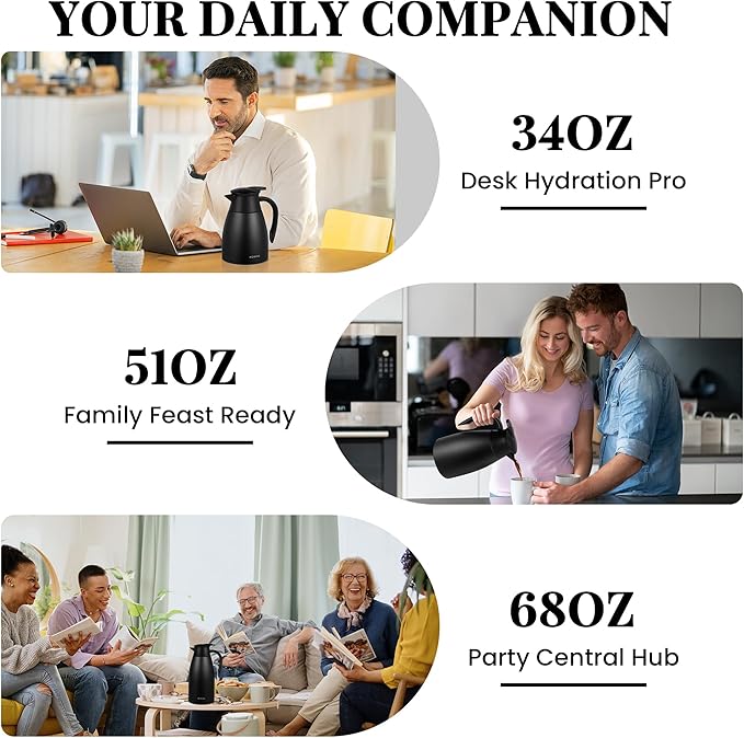 68 Oz Thermal Coffee Carafe, Stainless Steel Insulated Vacuum coffee crafts to keep coffee hot, 2 Liter Tea Water Coffee and Beverage Dispenser (Black)