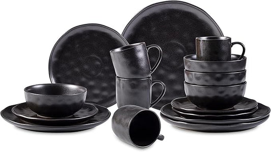 Organic Stoneware Sky Star 16pc Dinner Set Reactive Glaze, Black