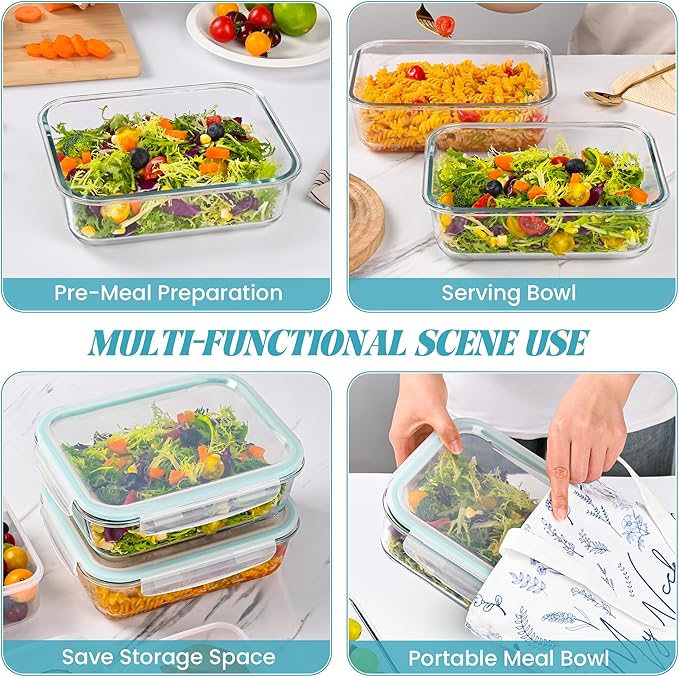 2Pack 9.8 Cups/ 78 Oz Large Glass Food Storage Containers with Lids, Glass Meal Prep Containers with Airtight Lids - BPA Free, Leakproof, Ideal for Food Storing/Serving, Microwave/Oven Safe