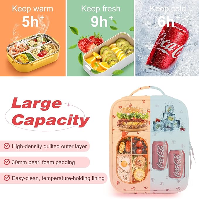 Aileam Lunch Box Lunch Bag for Women Cute Girls Insulated Womens Lunch Bag For Work Quilted Large Capacity Reusable Insulated Cooler for Work Picnic Travel Little Red Cherries