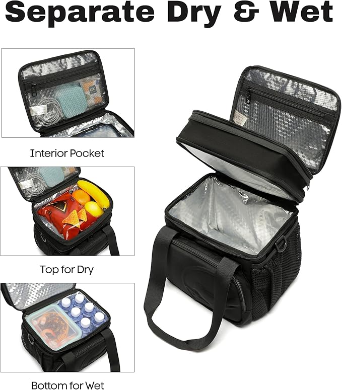 SUNNY BIRD Dual Compartment Lunch Bag, 13L Insulated Adult Lunch Box for Work (Black)