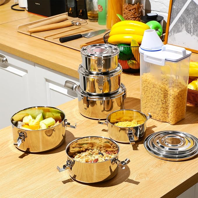 Zopeal 6 Pcs Stainless Steel Food Storage Containers with Lid Bento Lunch Boxes Reusable Metal Flat Canisters for Camping Trips Picnic Snacks Soups Salads Leftovers, 3 Sizes (12oz, 22oz, 34oz)