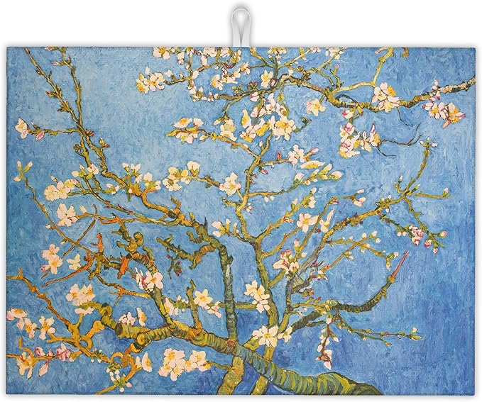 Almond Blossom Tree Dish Drying Mat for Kitchen Counter Decor,Flower Dish Drying Rack Pad Absorbent Reversible Microfiber for Coffee Tableware Sink Countertop 18x24 Inch