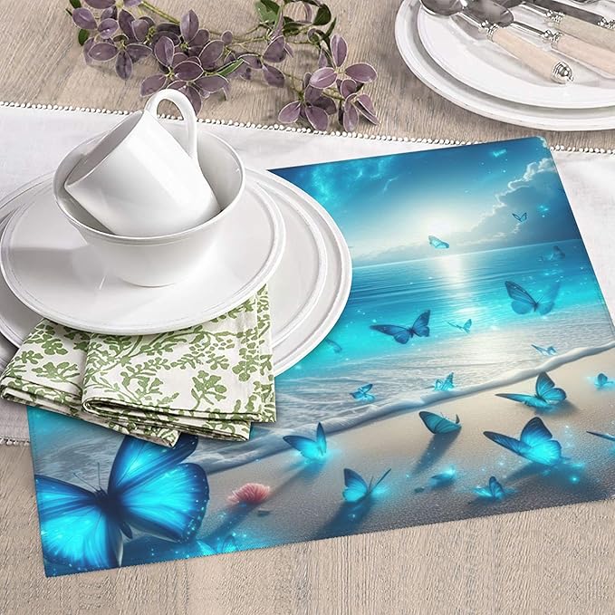 Blue Butterfly Beach Dish Drying Mat 16x18 Inch, Microfiber Absorbent Fast Dry Mat Large Dish Mat Drying Kitchen Mat, Kitchen Drying Pad for Kitchen Counter Coffee Bar Decor Gifts