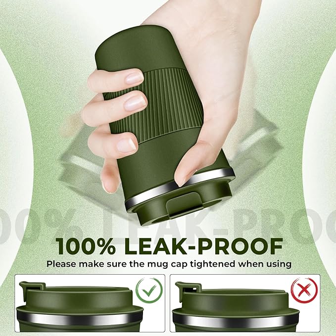 Insulated Coffee Tumbler 12 oz, Stainless Steel Coffee Mug with Lids, Travel Coffee Mug Leak Proof, Double Wall Vacuum Insulated Reusable Coffee Cup, Keep Drinks Hot and Cold, Military Green, 12 Ounce