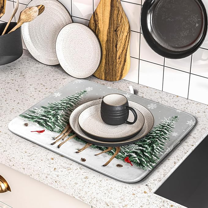 Winter Deer Dish Drying Mat Pine Tree Absorbent Dish Dry Pad Seasonal Microfiber Dish Drainer Mats for Kitchen Counter Coffee Bar 16x18 in