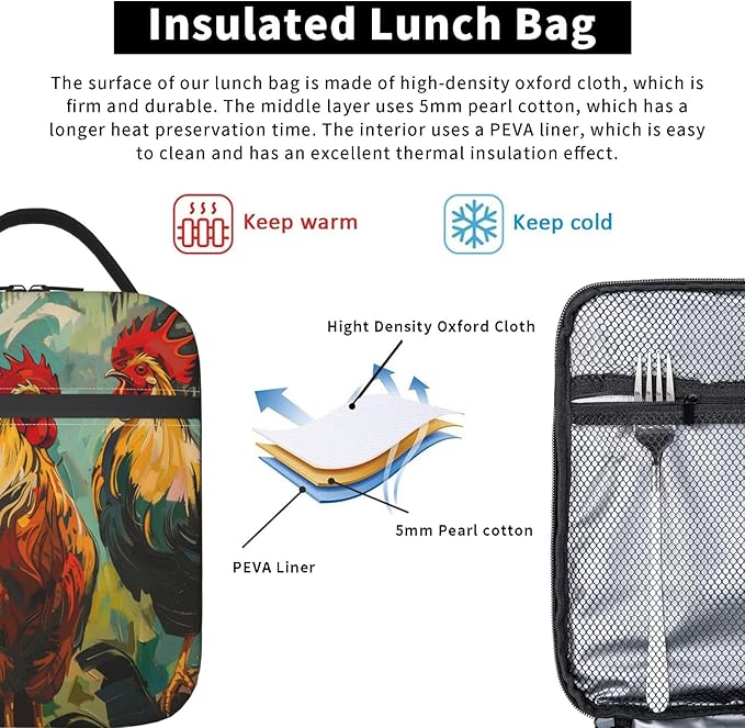 Vintage Rooster Lunch Box,Insulated Lunchbox,Colorful Farm Animal Design Bags,Reusable Cooler Lunchbag for Picnic,Travel,Office,Camping,Ideal Gifts for Adults,Women,Men