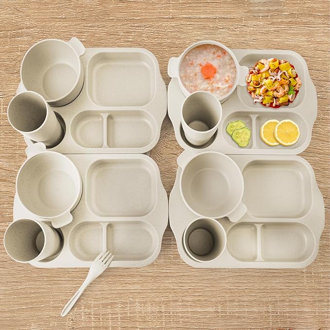 24 Pcs Wheat Straw Dinnerware Cutlery Set, Unbreakable Tableware Set, wheat straw dinnerware sets, Bowls, Cup, Cutlery Spoons Knifes Forks, BPA Free, Microwave Dishwasher Safe (Beige)