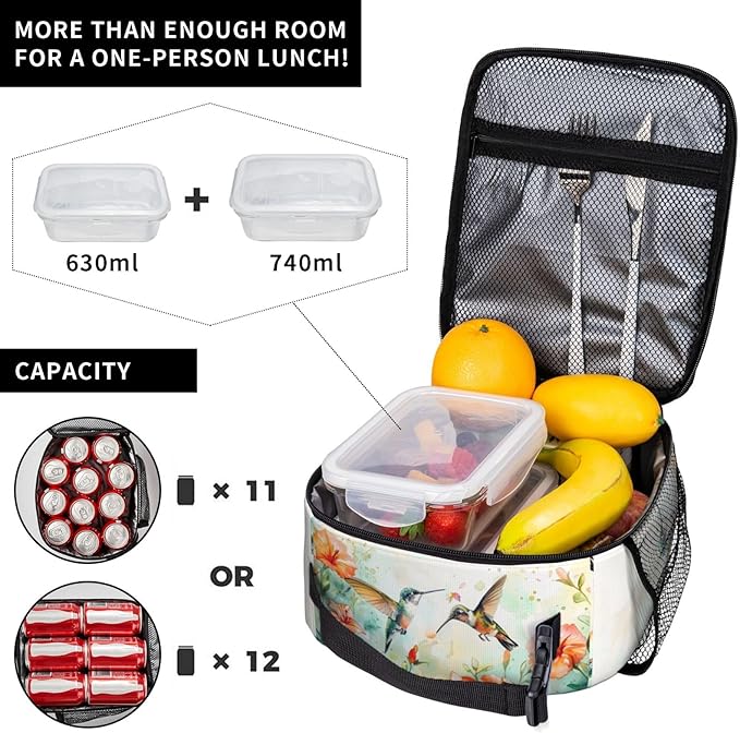 SUPLUCHOM Lunch Bag Hummingbird Flower Watercolor Insulated Bento Box Cooler with Side Pocket for Girl Boy Women Men Work School Picnic Hiking Daytrip