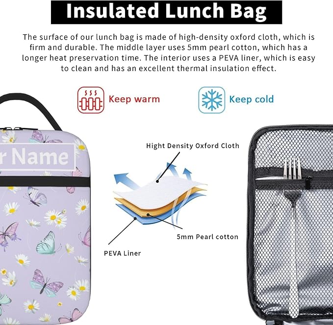 SUPLUCHOM Custom Lunch Bag With Name Butterfly Flower Personalized Insulated Box Customized Food Tote Container Side Pocket for School