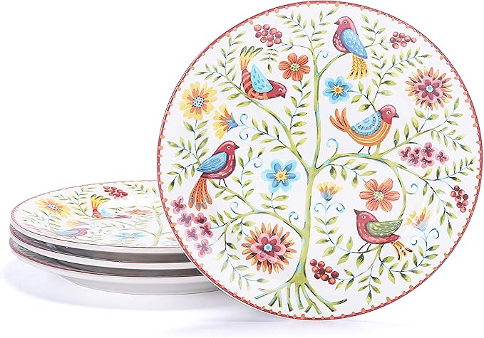 Bico Red Spring Bird Salad Plates Set of 4, 8.75 Inch Ceramic Dessert Plates for Salad, Appetizer, Side Dishes, Microwave and Dishwasher Safe, Gift for Housewarming and Thanksgiving