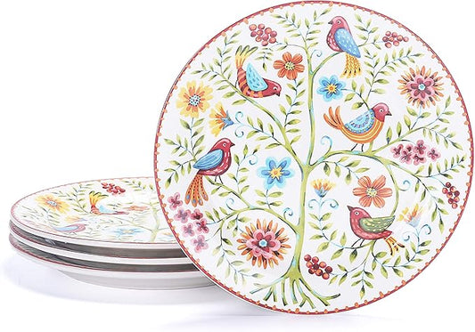 Bico Red Spring Bird Salad Plates Set of 4, 8.75 Inch Ceramic Dessert Plates for Salad, Appetizer, Side Dishes, Microwave and Dishwasher Safe, Gift for Housewarming and Thanksgiving