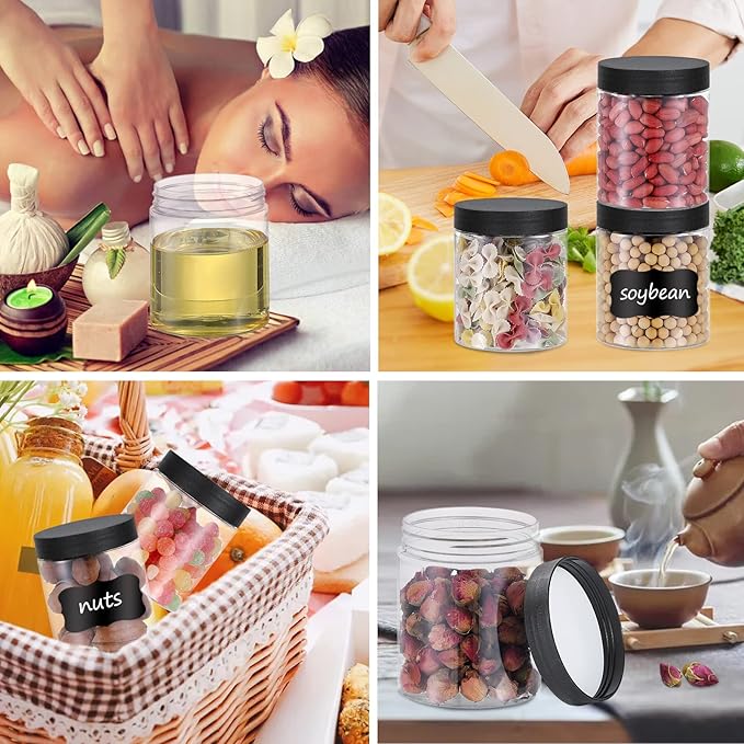 48PCS 8OZ Plastic Jars with Screw On Lids, Labels Refillable Empty Round Slime Containers for Storing Dry Food, Honey Jam, Cream, Butter, Lotion