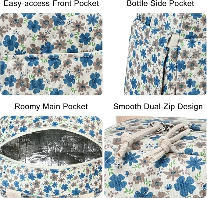 BTOOP Lunch Box for Women Men Cute Corduroy Lunch Bags Large Capacity Insulated Lunch Tote Bag For Work Travel Or Picnic (Blue-Brown Flower)