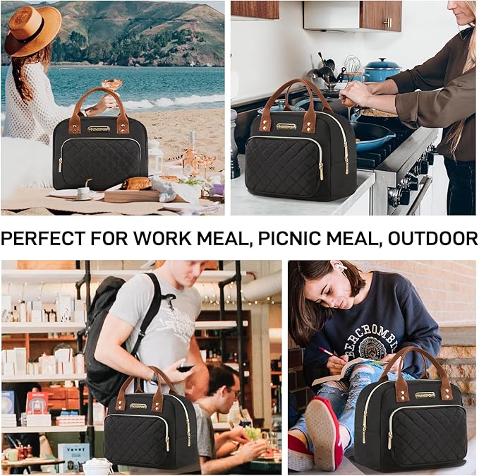 Buringer HOMESPON Lunch Bag for Woman Man Adults with Front Pocket Insulated Lunch Tote Lunch Box Container for Work Picnic or Travel（Golden Black）