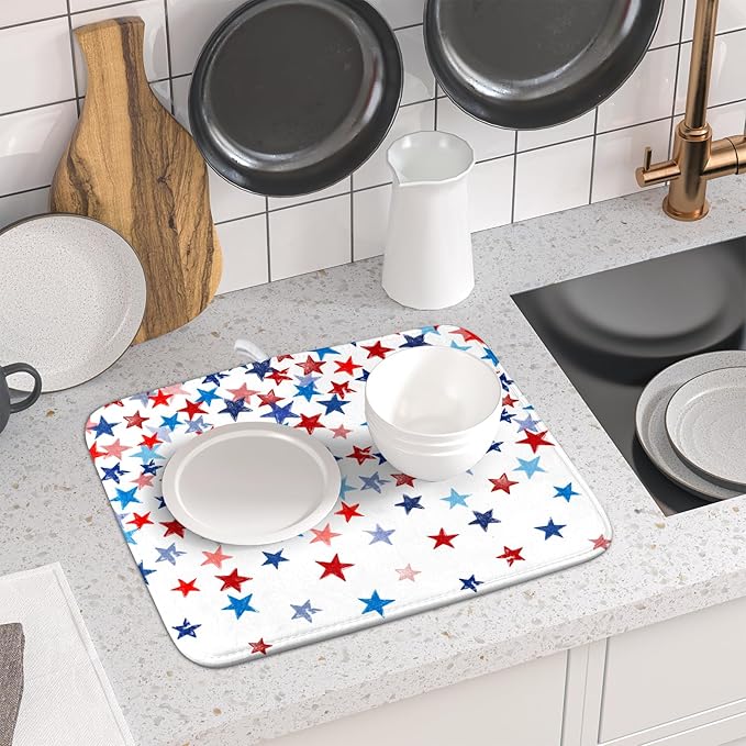 4th of July Dish Drying Mat for Kitchen Counter Patriotic Holiday Microfiber Absorbent Dish Draining Reusable Washable Foldable 16"x18"
