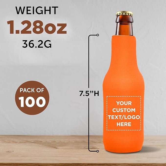 100 Neoprene Zippered Beer Bottle Coolies Pack - Customizable Text, Logo - Sharkskin Rubber Bottom - Neon Orange