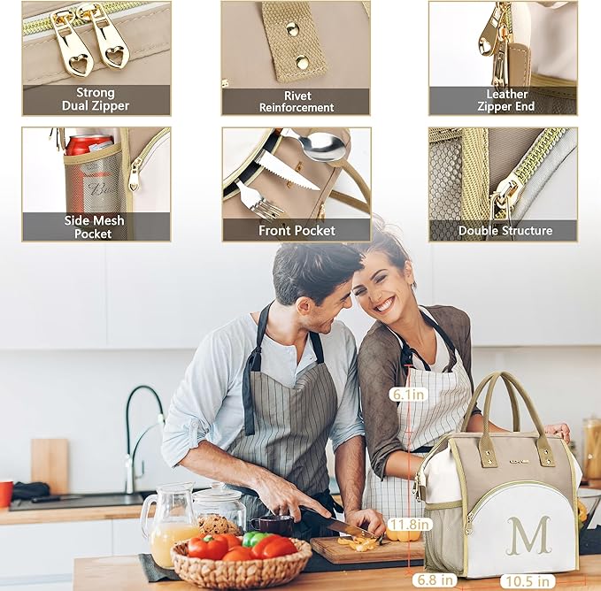 Personalized Lunch Box for Women, Reusable Insulated Lunch Bag, Wide-Open Adult Lunchbox Cooler Lunchbag Snack Organizer, Initial Leakproof Lunch Tote Bag for Picnic Work Outdoors, I