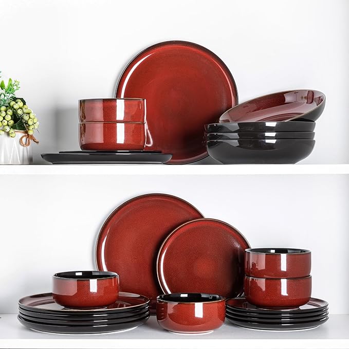 LERATIO Ceramic Dinnerware Sets for 8,Plates and Bowls Sets,Handmade Reactive Glaze Dishes Set,Highly Chip and Crack Resistant | Dishwasher & Microwave & Oven Safe Dishes set,Service for 8-Red(24pc)