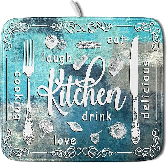 Blue Grey Dish Drying Mat 16x18 Inch Cooking Delicious Absorbent Drying Pad Heat Resistant Dish Drainer Mats for Kitchen Countertop