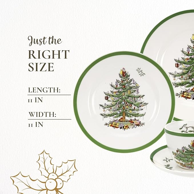 Spode Christmas Tree 5-Piece Holiday Dinnerware Set - Festive Earthenware Tableware with Plates, Teacups, Saucers - Microwave, Dishwasher Safe - Christmas Dinnerware & Holiday Tableware