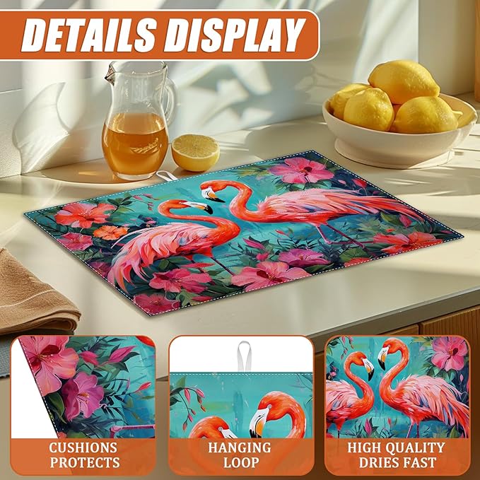 Tropical Flower Flamingo Dish Drying Mat for Kitchen Counter Microfiber Absorbent Dish Kitchen Drying Mat Draining Reusable Washable for Dishes/Utensils/Counterto