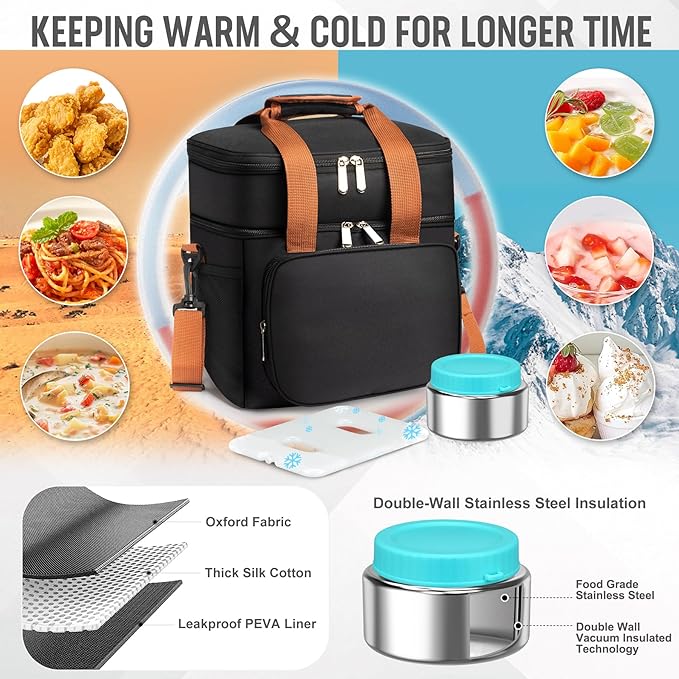 Adult Lunch Box Set Insulated Leakproof Meal Prep Kit with 4-Compartment, Thermo for Hot&Cold Food, Lunchbox Containers for Men&Women, Lunch Cooler Bag with Ice Pack for Work Camping Daytrip(Blue)