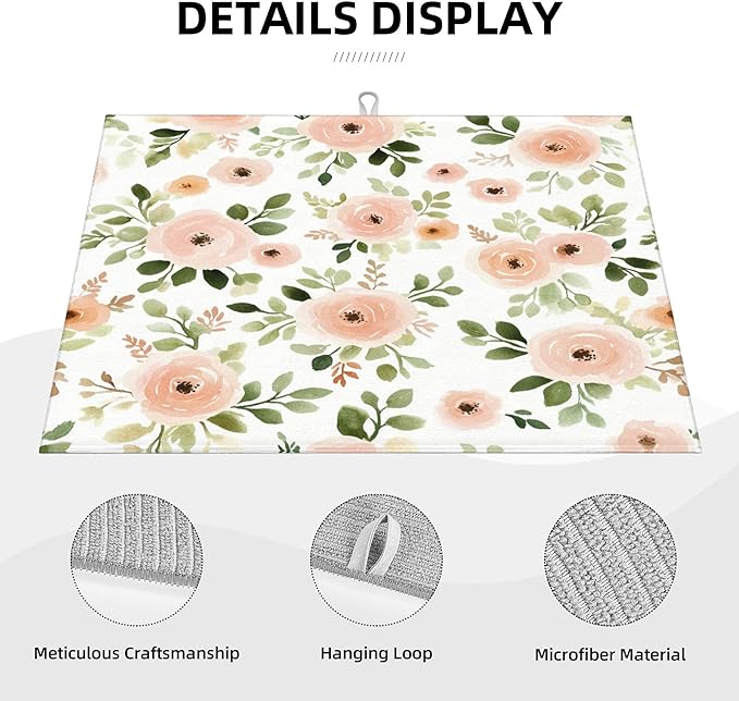 Watercolor Floral Dish Drying Mat for Kitchen Counter Microfiber Super Absorbent Non-Slip Dish Drying Pad for Countertops Dishes Utensils Stylish Quick-Dry Machine Washable 18x24 Inch