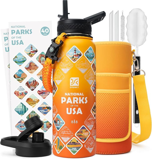 40 oz Insulated Water Bottle | Thickened Stainless Steel Vacuum Metal | Portable Sports Water Jug for Gym and Hiking with Straw, Carrier Bag, Handle Strap | BPA-Free 40 oz