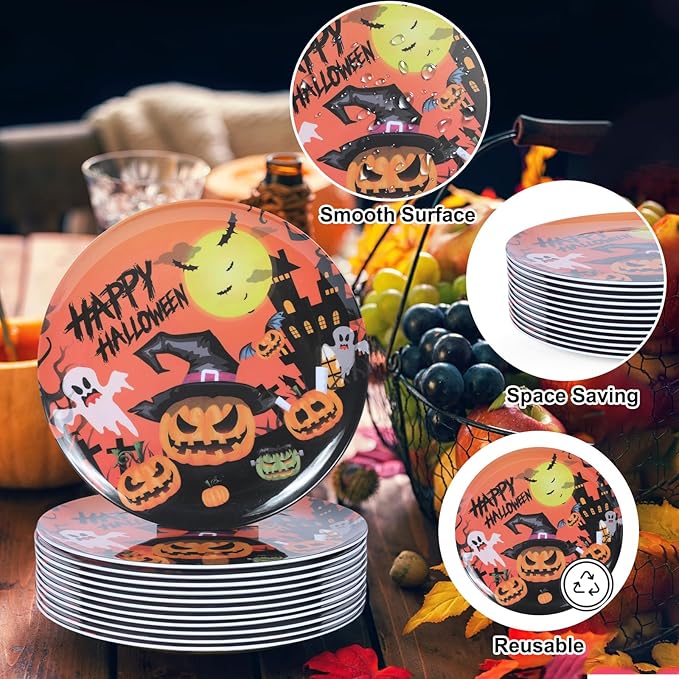 10-Inch Halloween Melamine Dinner Plates, 12-Piece Dishes Set, Lightweight & Stackable for Holidays& Decor‌ Party plates, Ideal for Salad,Dessert,Fruit and Cakes-Halloween Pattern
