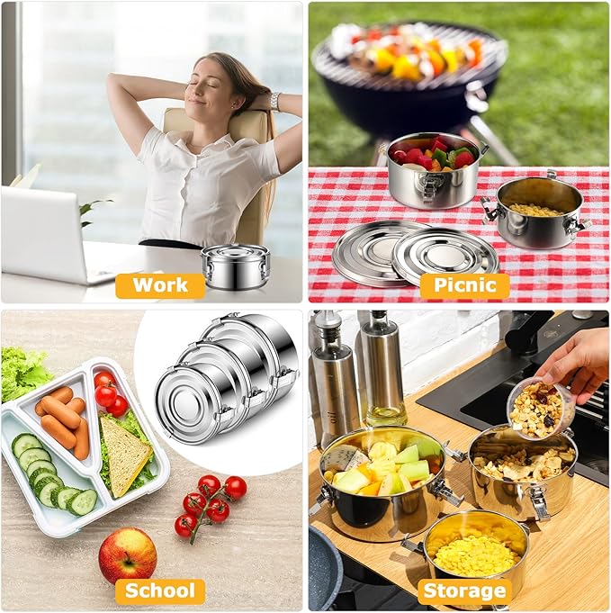 Zopeal 6 Pcs Stainless Steel Food Storage Containers with Lid Bento Lunch Boxes Reusable Metal Flat Canisters for Camping Trips Picnic Snacks Soups Salads Leftovers, 3 Sizes (22oz, 34oz, 54oz)