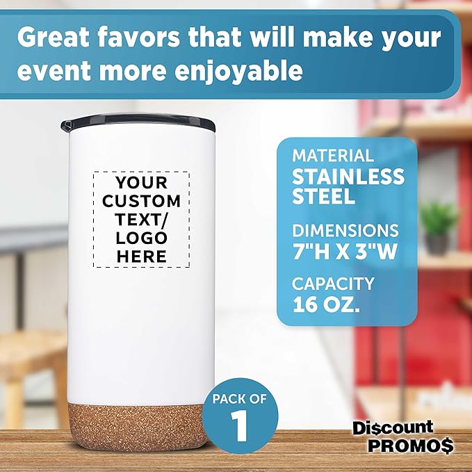 DISCOUNT PROMOS Custom Travel Tumblers with Cork Bottom 16 oz. Set of 1, Personalized Bulk Pack - Double Wall Insulated, Matte Finish, Perfect for Iced Coffee, Soda, Other Beverages - White
