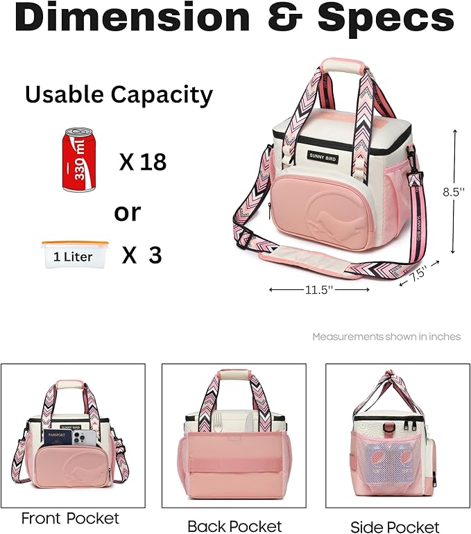 SUNNY BIRD 12L Large Insulated Lunch Bag, Leakproof and Foldable Lunch Cooler Box for Women Adult and Men, Fits 18 Cans (White and pink)