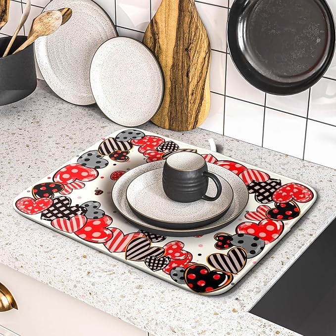 Red Heart Dish Drying Mat 16"x18" Love Dots Microfiber Dish Drainer Rack Mat Holiday Absorbent Fast Dry Pad for Kitchen Counter Home Decor