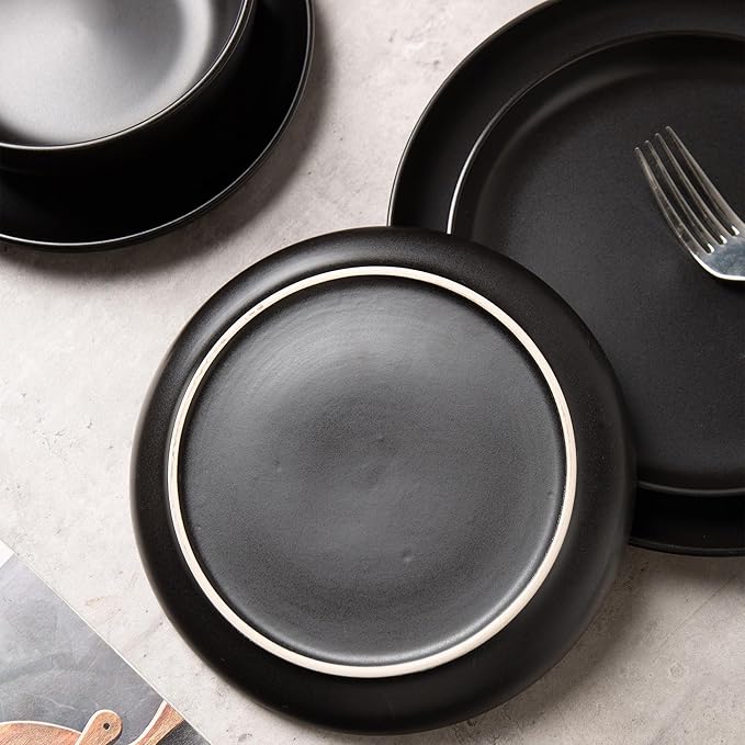 12-Piece Matte Black Dinnerware Set,Stoneware Dinnerware for 3, Microwave & Dishwasher Safe, Stackable Design for Kitchen and Dining - Plates,Bowls and Mugs